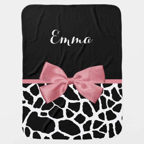 Trendy Giraffe Print Rosy Pink Bow With Name Stroller Blanket