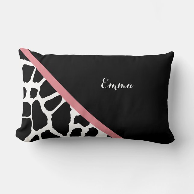 Trendy Giraffe Print Rosy Pink Stripe With Name Lumbar Pillow (Front)