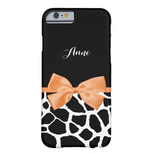 Trendy Giraffe Print With Name and Chic Orange Bow Barely There iPhone 6 Case