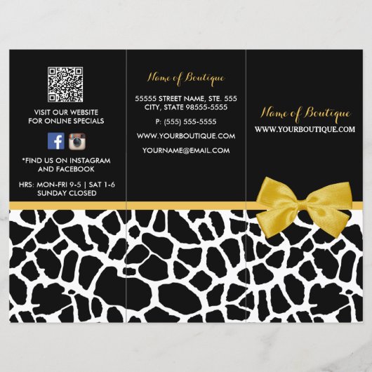 Trendy Giraffe Print Yellow Bow Boutique Brochure (Front)