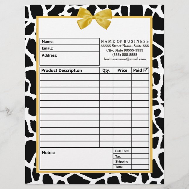 Trendy Giraffe Yellow Bow Boutique Order Forms Letterhead (Front)