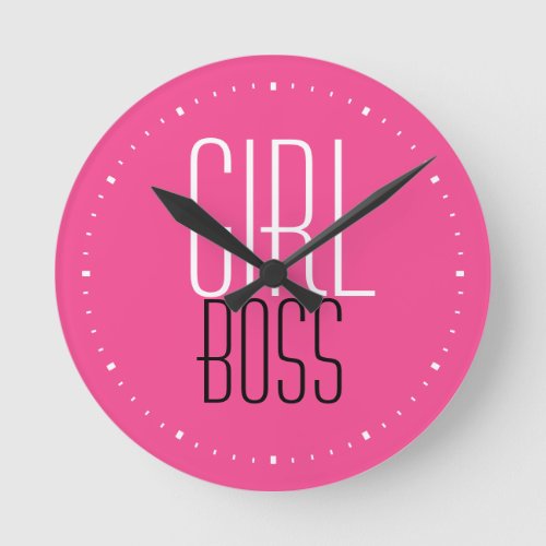 Trendy Girl Boss Text White Black Minute Pink Round Clock