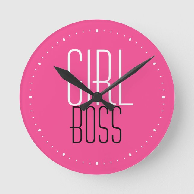 Trendy Girl Boss Text White Black Minute Pink Round Clock (Front)