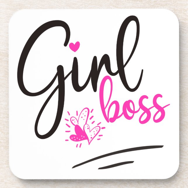 Trendy Girl Boss Typography Pink Black Hearts Beverage Coaster (Front)