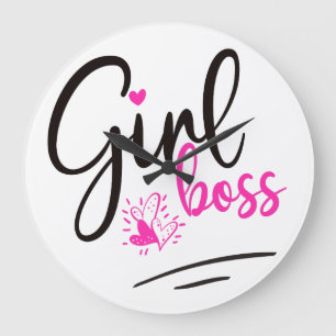 Trendy Girl Boss Typography Pink Black hearts Large Clock