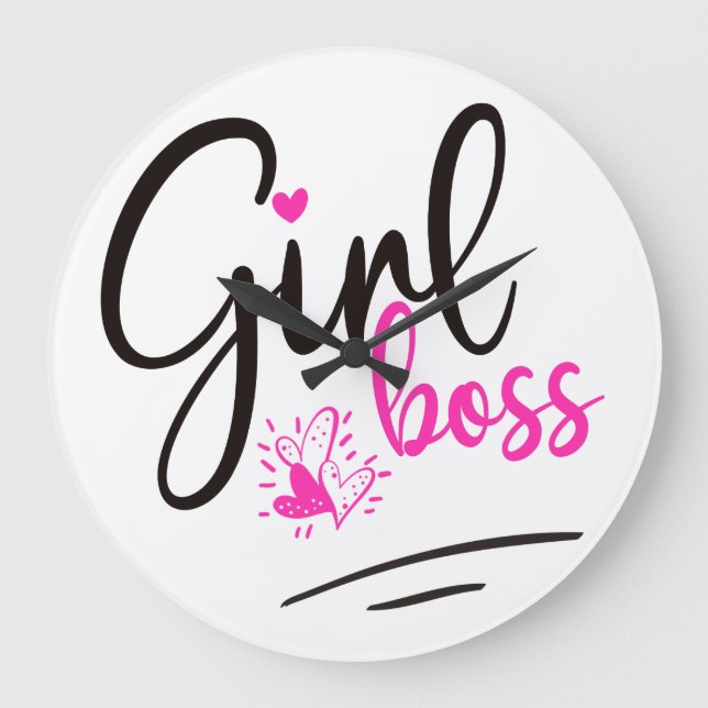 Trendy Girl Boss Typography Pink Black hearts Large Clock (Front)