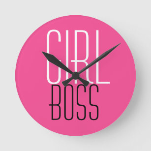 Trendy Girl Boss Typography White Black Hot Pink Round Clock