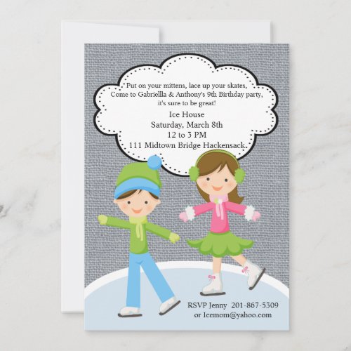 Trendy Girl  Boy Ice Skating Birthday Invitation