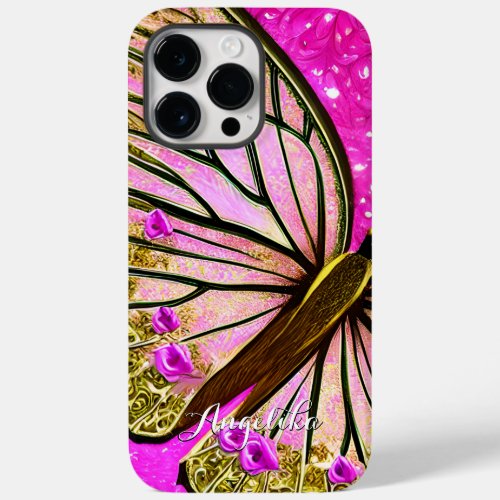 Trendy Girl Pink and Gold Butterfly Custom Name Case_Mate iPhone 14 Pro Max Case