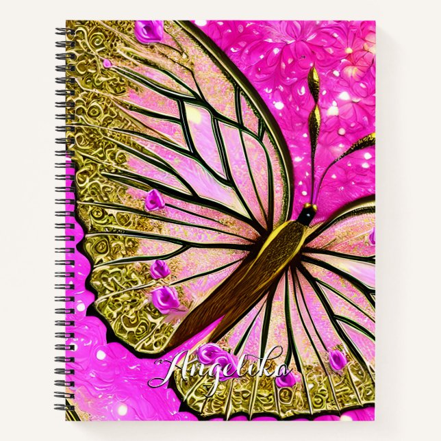 Trendy Girl Pink and Gold Butterfly Custom Name Notebook (Front)