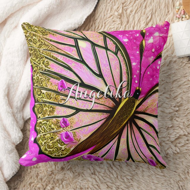 Trendy Girl Pink and Gold Butterfly Custom Name Throw Pillow (Blanket)