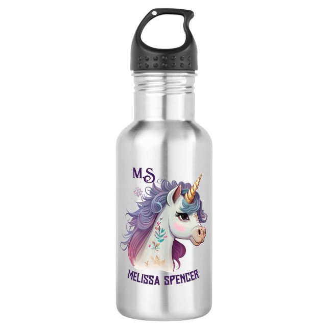 Trendy Girls' Cute Elegant Purple Magical Unicorn  Stainless Steel Water Bottle (Front)
