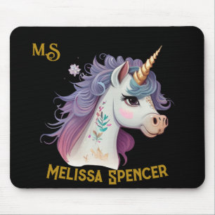 Trendy Girls' Elegant Black Magical Unicorn Name Mouse Pad