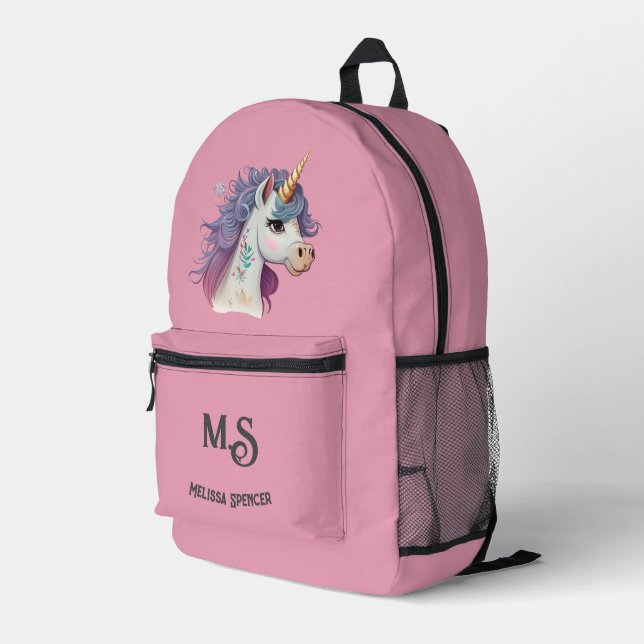 Trendy Girls' Elegant Pink Magical Unicorn Name Printed Backpack (Back Corner Right)