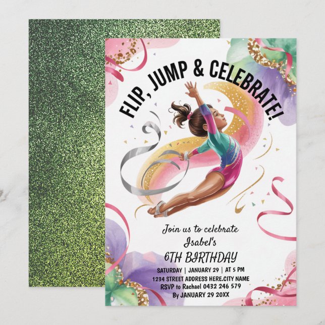 Trendy Girls Gymnast Gymnastics Birthday Party     Invitation (Front/Back)