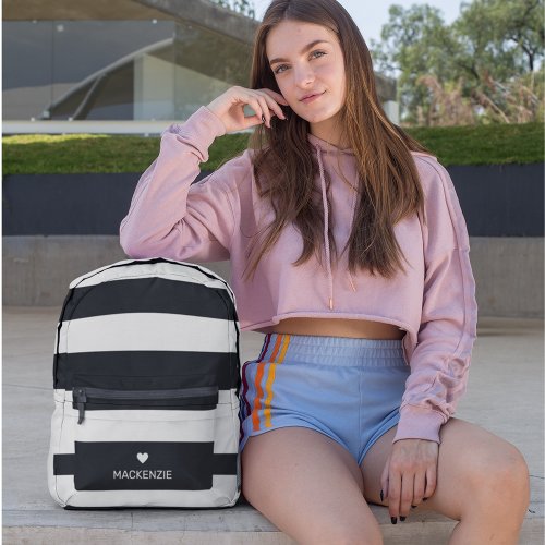 Trendy Girls Heart Print Black  White Striped Printed Backpack