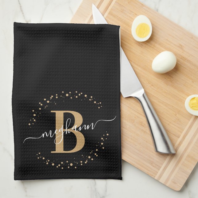 Trendy Girly Black Gold Name Monogram Script Kitchen Towel (Quarter Fold)