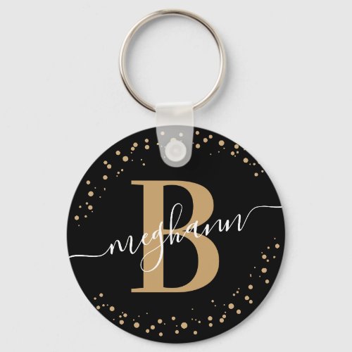 Trendy Girly Black Gold Name Script Monogrammed Keychain