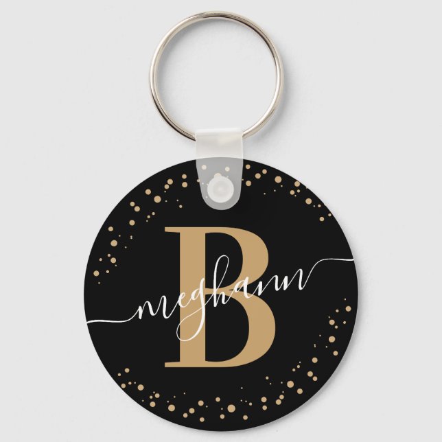Trendy Girly Black Gold Name Script Monogrammed Keychain (Front)