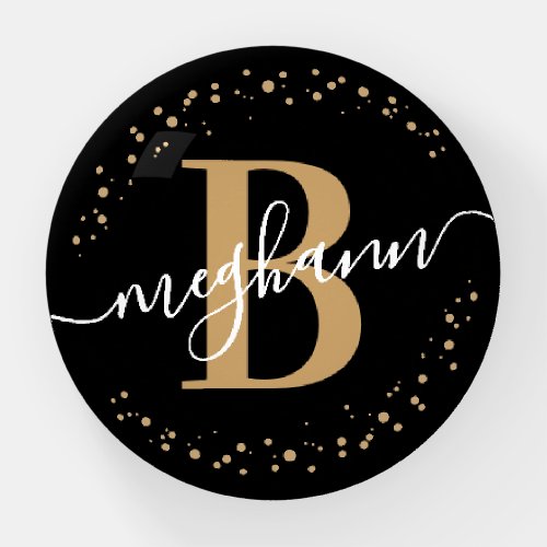 Trendy Girly Black Gold Name Script Monogrammed Paperweight