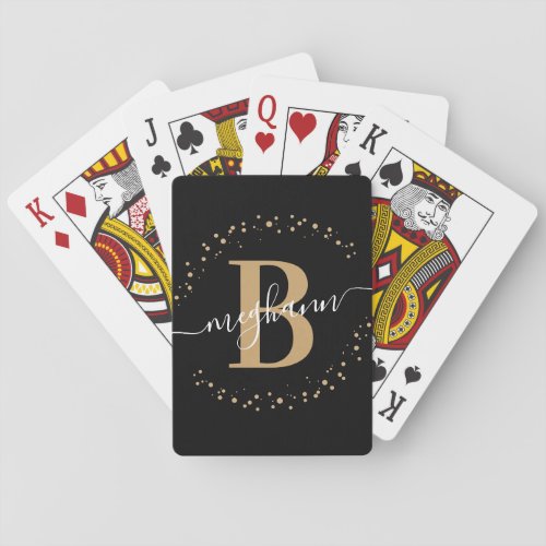 Trendy Girly Black Gold Name Script Monogrammed Poker Cards