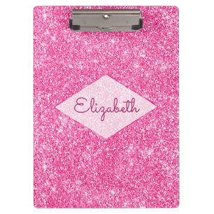 Trendy Girly Bling Hot Pink Glitter Diamond Name Clipboard