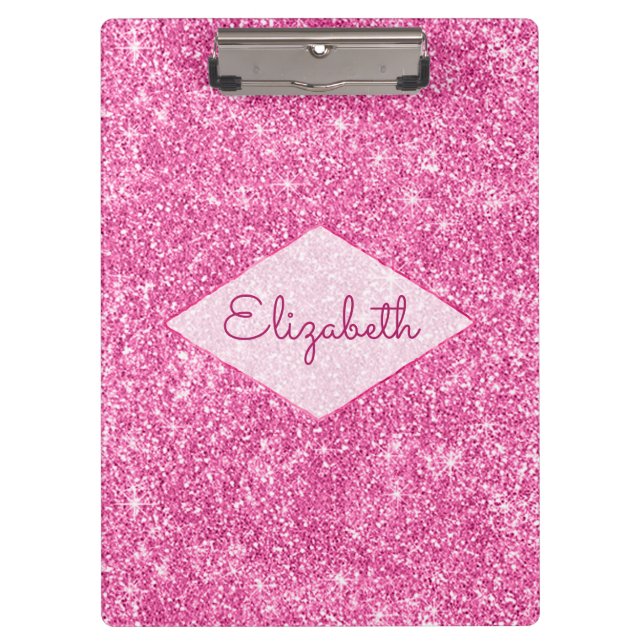 Trendy Girly Bling Hot Pink Glitter Diamond Name Clipboard (Front)