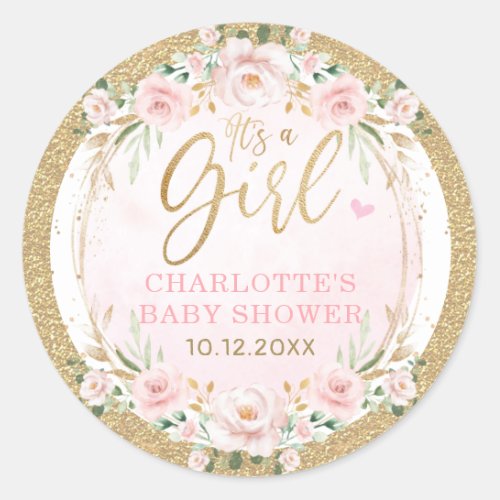 Trendy Girly Blush Gold Pink Floral Baby Girl Classic Round Sticker