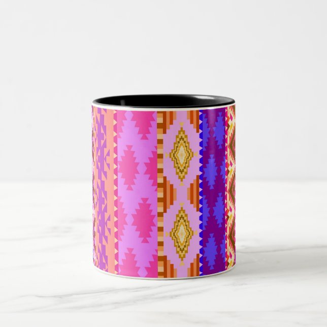 Trendy Girly Bright Aztec Pattern Two-Tone Coffee Mug (Center)