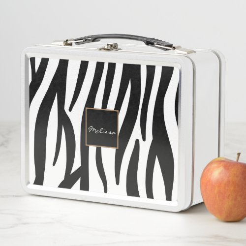 trendy girly chic black and white zebra stripes metal lunch box