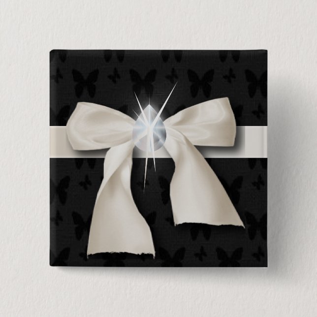 trendy girly chic diamond White Bow Pinback Button (Front)