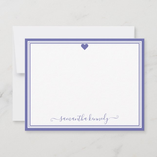 Trendy Girly Chic Periwinkle Heart Custom Name    Note Card (Front)