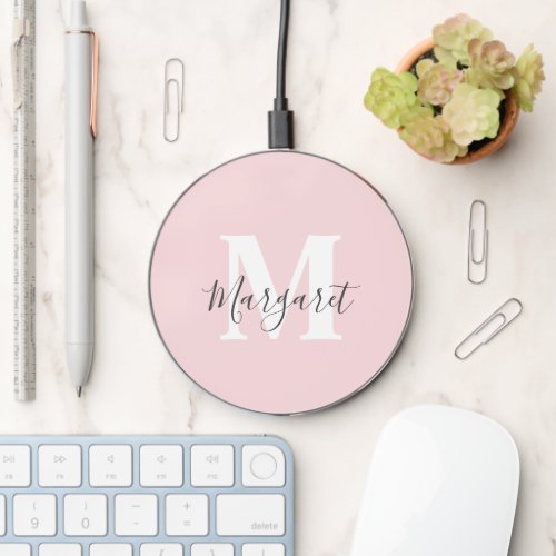 Trendy Girly Chic Pink Monogram Script Name Wireless Charger
