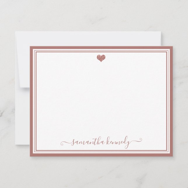 Trendy Girly Chic Rose Gold Heart Custom Name  Note Card (Front)
