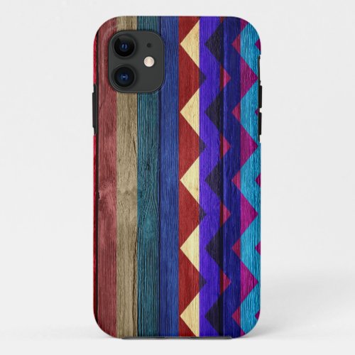 Trendy Girly Colorful Chevron Stripe Wood iPhone 11 Case