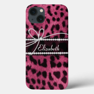 Trendy girly faux hot pink leopard animal print iPhone 13 case