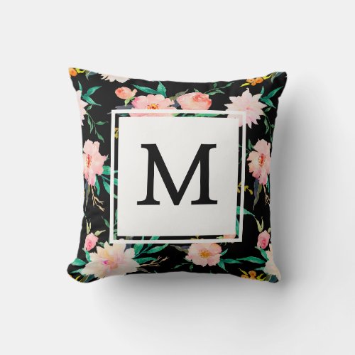 Trendy Girly Floral Watercolor Black White Pink Throw Pillow