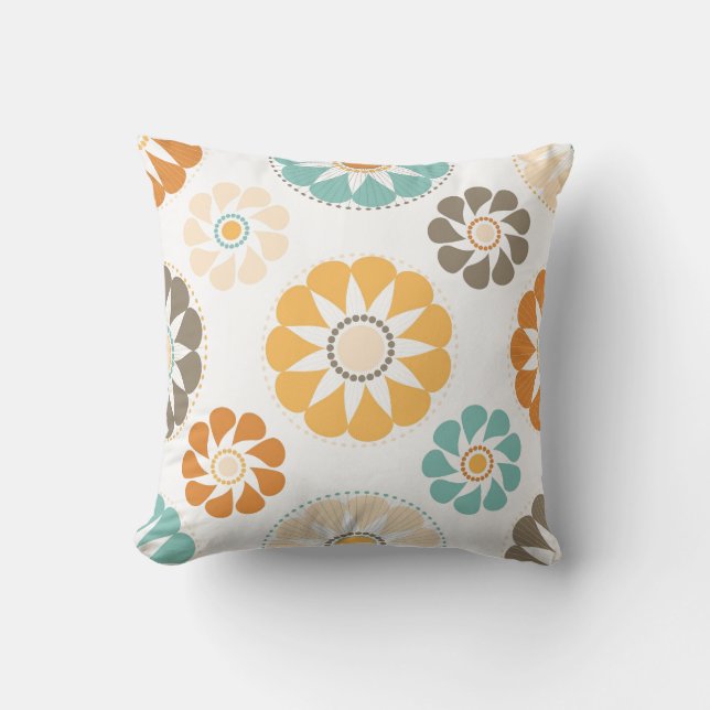 Trendy Girly Flower Pattern Floral Orange Blue Throw Pillow (Front)