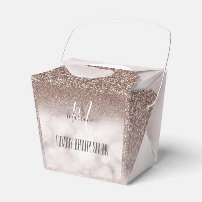 Trendy Girly Glamor Purple Glitter Marble Monogram Favor Boxes (Front Side)