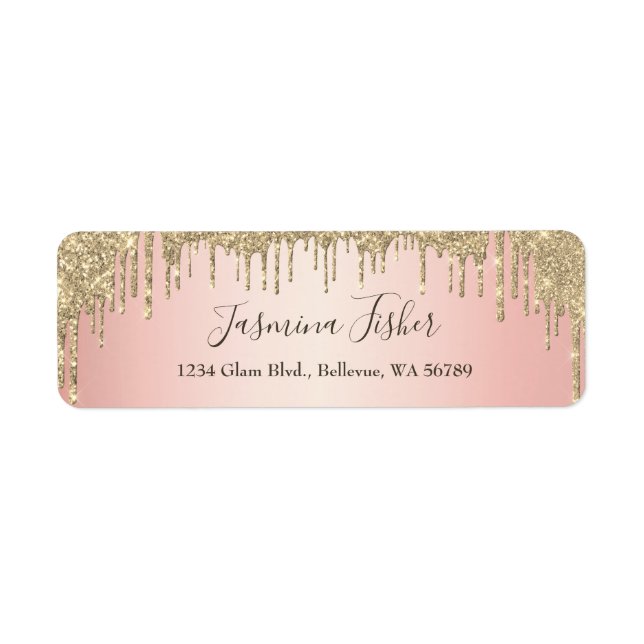 Trendy Girly Glitter Drips Rose Gold Address Label (Front)