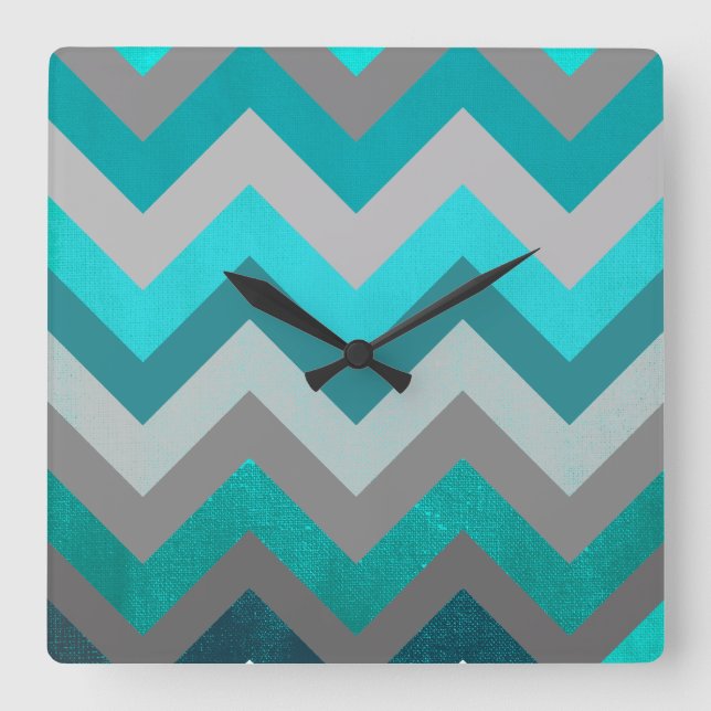 Trendy Girly Gray Teal Chevron Zigzag Pattern Square Wall Clock (Front)