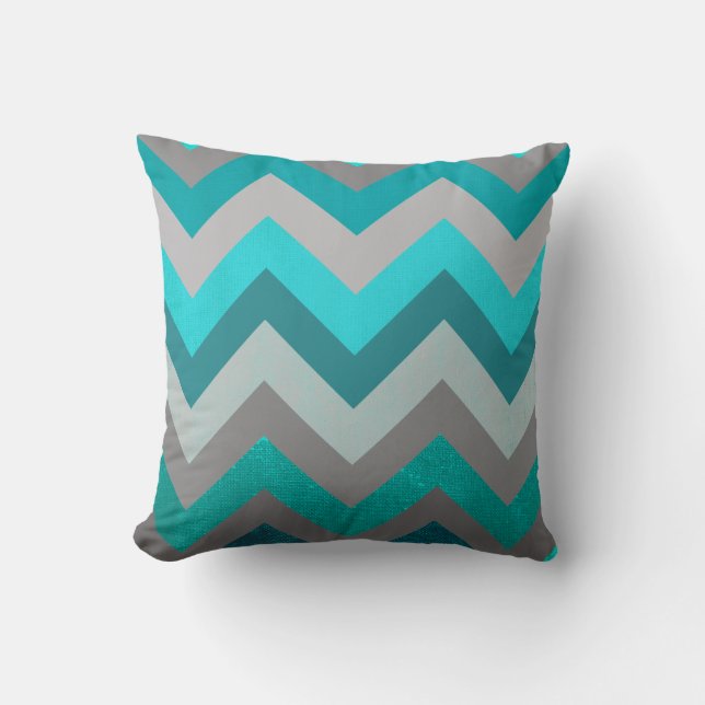 Trendy Girly Gray Teal Chevron Zigzag Pattern Throw Pillow (Front)