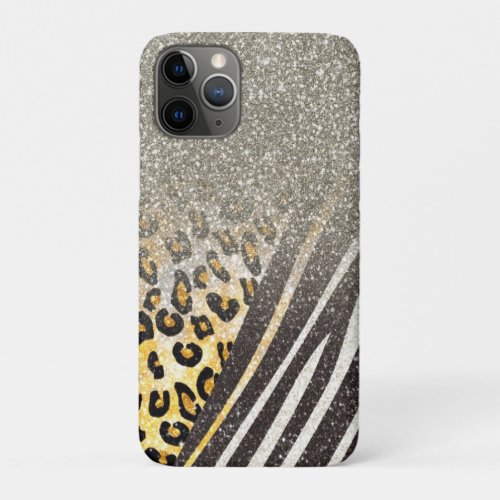 Trendy Girly Leopard  zebra Print Silver Glitter iPhone 11 Pro Case