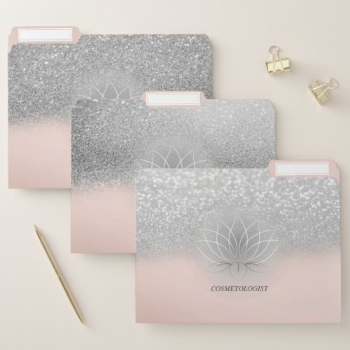 Trendy Girly Lotus Silver  Glitter Bokeh File Folder