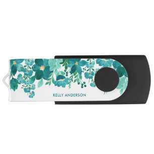 Trendy Girly Monogrammed Watercolor Foliage Flash Drive