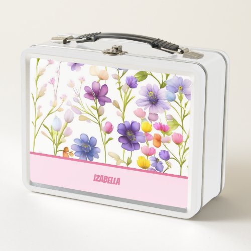 Trendy Girly Multicolor Wild spring Flowers Floral Metal Lunch Box