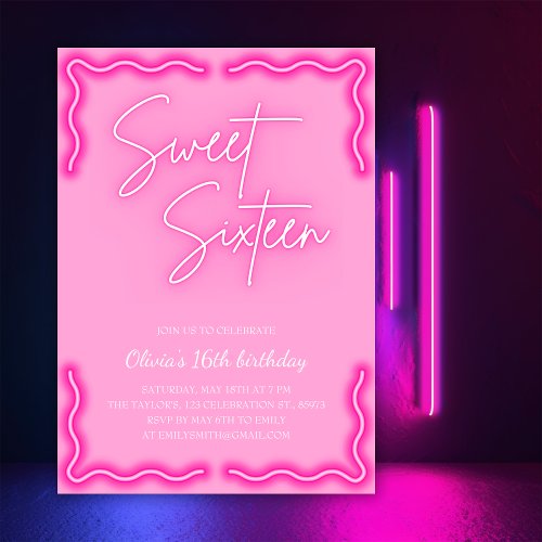 Trendy Girly Neon Pink Sweet 16 Birthday Party Invitation