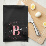 Trendy Girly Pink Black Name Monogram Script Kitchen Towel<br><div class="desc">Girly, trendy, elegant, modern, pink and black white monogram initial name script custom personalized monogrammed kitchen towel. Featuring a monogram initial and a girly name script in a hand lettered calligraphy swash tail font and dotted circle frame around your monogram. Perfect feminine gift for sister, mother, girlfriend, birthday, wedding, bridal...</div>