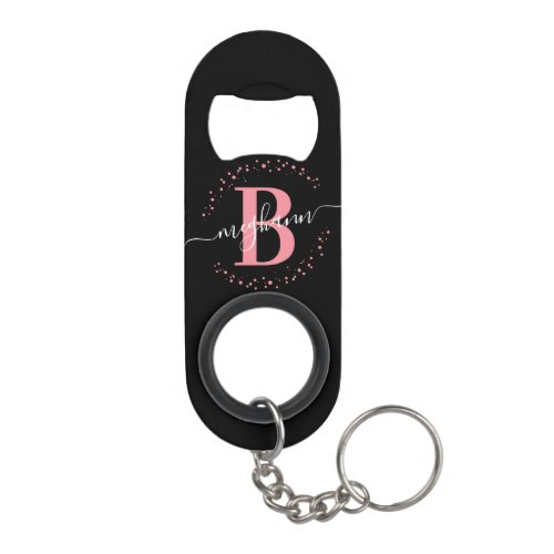 Trendy Girly Pink Black Name Script Monogrammed  Keychain Bottle Opener