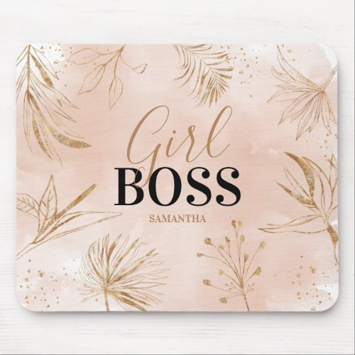 Trendy Girly Pink  Gold Girl Boss Name Mouse Pad